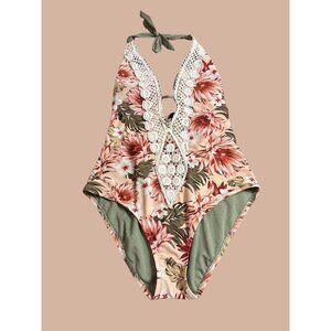 Kona Sol‎ Plunge Neck Floral Print Halter Swimsuit